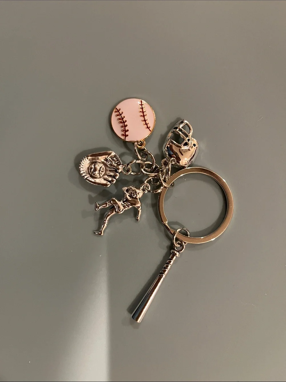 Baseball Charm Keychain with White Ball and Silver Charms
